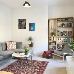 This is an example of a small scandinavian enclosed living room in London with white walls, concrete flooring, a freestanding tv and grey floors.