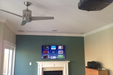 Ejemplo de salón de tamaño medio con paredes verdes, todas las chimeneas y televisor colgado en la pared