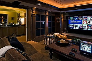 Inspiration for a large timeless open concept carpeted living room remodel in Cleveland with a media wall