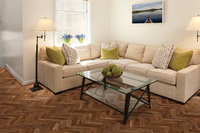 Transitional medium tone wood floor living room photo in Orange County with white walls