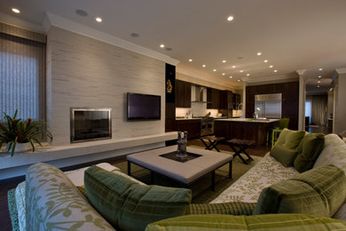Foto de salón cerrado actual con paredes grises, suelo de madera oscura, televisor colgado en la pared y suelo marrón