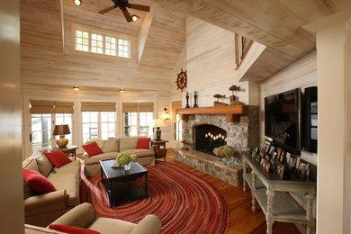 Inspiration for a large farmhouse formal and open concept dark wood floor and brown floor living room remodel in Other with beige walls, a standard fireplace, a stone fireplace and a wall-mounted tv
