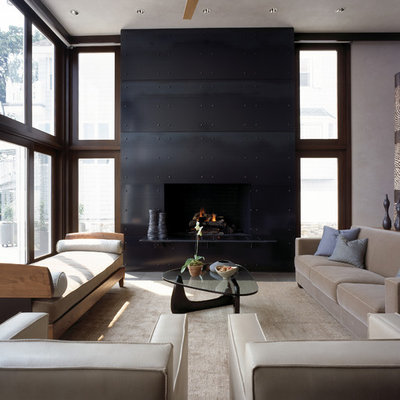 Example of a minimalist living room design in New York with a metal fireplace