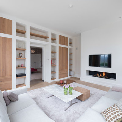 Living room - scandinavian formal and enclosed light wood floor living room idea in Amsterdam with white walls, a ribbon fireplace, a plaster fireplace and a wall-mounted tv