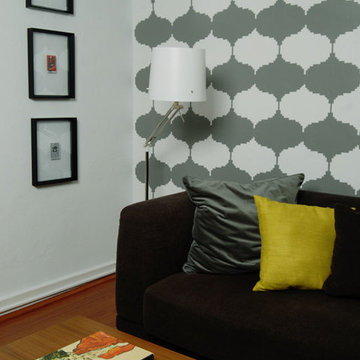 Housefox Design - Stenciled wall, dark grey and white colors.