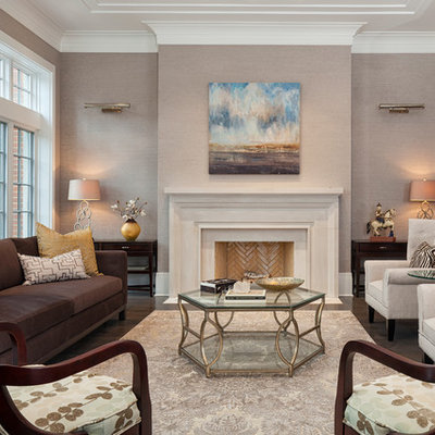 Living room - large transitional formal dark wood floor and brown floor living room idea in Chicago with a standard fireplace, a stone fireplace, no tv and gray walls