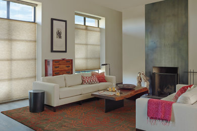 Mid-sized trendy loft-style medium tone wood floor and brown floor living room photo in Detroit with white walls, a standard fireplace and a metal fireplace