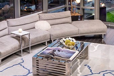 Foto di un grande soggiorno moderno aperto con moquette