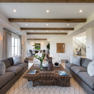 Example of a huge transitional open concept light wood floor living room design in Orange County with a bar, white walls, a standard fireplace, a concrete fireplace and no tv