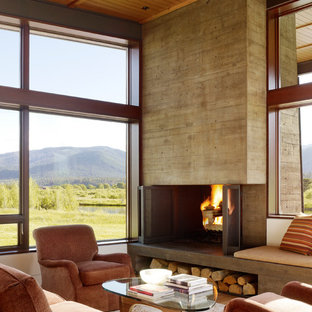 Example of a minimalist living room design in Other with a concrete fireplace