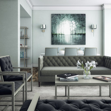 Industrial Modern Living Room - Light Blue with Gray Furniture & Silver Accents