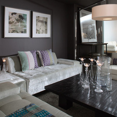 Example of a trendy living room design in New York with gray walls