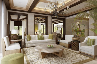 Imagen de salón para visitas abierto tradicional renovado grande sin televisor y chimenea con paredes beige, suelo de cemento y suelo beige