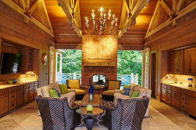 Living room - large craftsman open concept ceramic tile living room idea in Other with beige walls, a standard fireplace, a stone fireplace and no tv