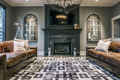 Example of a mid-sized classic dark wood floor and brown floor living room design in Dallas with gray walls, a standard fireplace, a tile fireplace and a wall-mounted tv