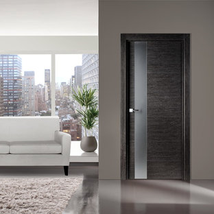 Mittelgroßes, Abgetrenntes Modernes Wohnzimmer mit grauer Wandfarbe und Linoleum in New York