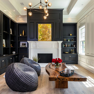 Living room - large transitional beige floor and light wood floor living room idea in Los Angeles with white walls and a standard fireplace