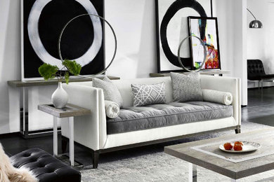 Diseño de salón para visitas abierto contemporáneo de tamaño medio sin chimenea y televisor con paredes blancas, suelo de baldosas de porcelana y suelo negro