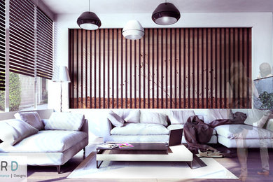Modelo de salón cerrado actual de tamaño medio con paredes marrones y suelo de bambú