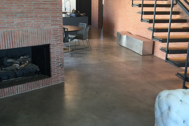 ロサンゼルスにある高級な広いインダストリアルスタイルのおしゃれなリビング (赤い壁、コンクリートの床、標準型暖炉、レンガの暖炉まわり、グレーの床) の写真