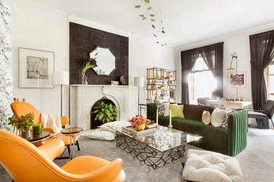 Inspiration for a contemporary formal carpeted and gray floor living room remodel in New York with white walls and a standard fireplace