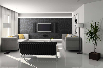 Modelo de salón para visitas cerrado moderno pequeño con paredes negras, suelo de baldosas de porcelana y televisor colgado en la pared