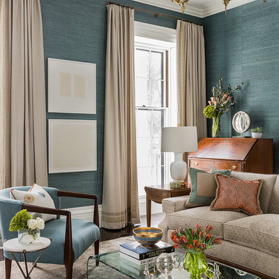 Inspiration for a large transitional formal and enclosed dark wood floor living room remodel in Boston with blue walls