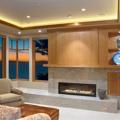 Living room - mid-sized contemporary formal and enclosed porcelain tile and gray floor living room idea in San Francisco with beige walls, a ribbon fireplace, no tv and a stone fireplace