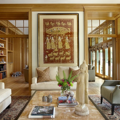 Living room - eclectic enclosed medium tone wood floor living room idea in Chicago