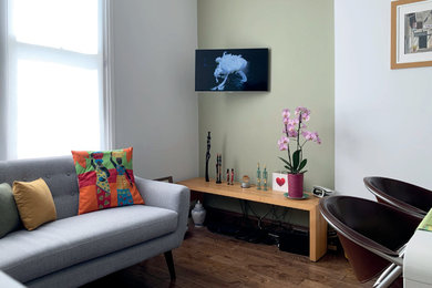 Photo of a small contemporary formal enclosed living room in London with green walls, dark hardwood flooring, a wall mounted tv and brown floors.