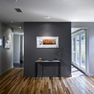 Example of a small trendy medium tone wood floor living room design in Austin with gray walls