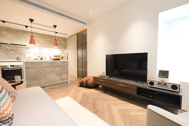 Example of a mid-sized minimalist formal and enclosed light wood floor living room design in Hong Kong with gray walls, no fireplace and a tv stand