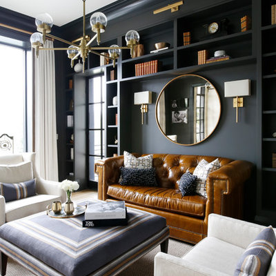 Transitional formal and enclosed light wood floor living room photo in Nashville with black walls