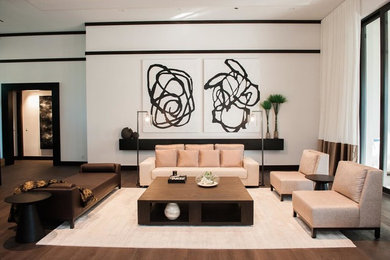 Inspiration for a large contemporary formal and open concept dark wood floor living room remodel in Miami with white walls, no fireplace and no tv