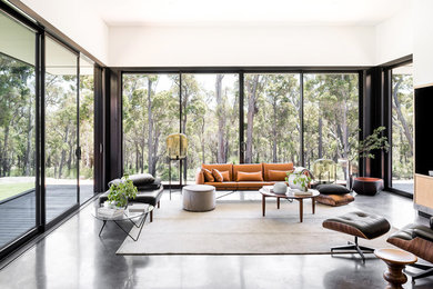 Immagine di un soggiorno minimalista aperto con sala formale, pareti bianche, pavimento in cemento e pavimento nero