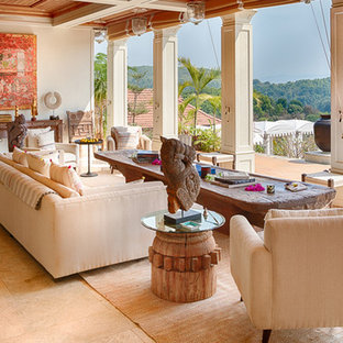 Design ideas for a medium sized world-inspired living room in Hertfordshire with beige walls and beige floors.