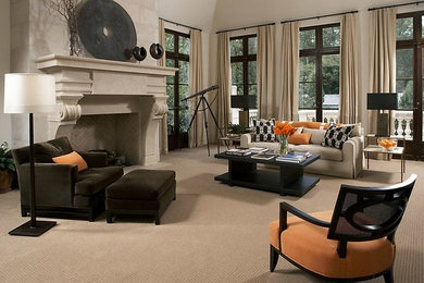 Mid-sized transitional formal and enclosed carpeted and beige floor living room photo in Charleston with beige walls, a standard fireplace, a concrete fireplace and no tv