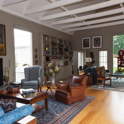 Inspiration for an eclectic living room remodel in New York with gray walls