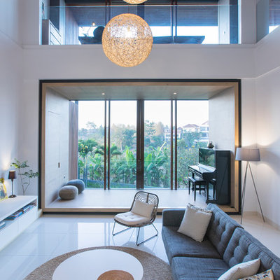 Inspiration for a large modern formal and open concept ceramic tile and white floor living room remodel in Other with white walls