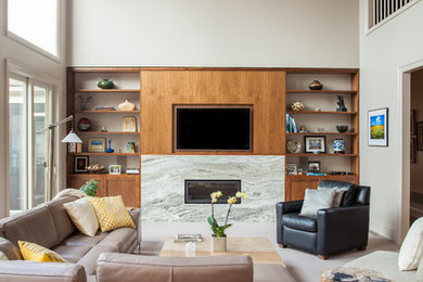 Example of a transitional formal carpeted living room design in Kansas City with white walls, a standard fireplace, a stone fireplace and a media wall