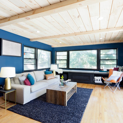 Living room - contemporary light wood floor living room idea in New York with blue walls