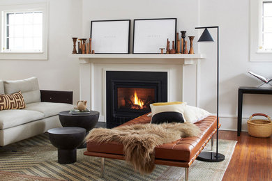 Example of a transitional medium tone wood floor and brown floor living room design in Minneapolis with white walls, a standard fireplace and no tv