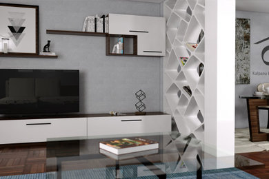 Imagen de salón tipo loft minimalista de tamaño medio con paredes blancas, suelo de madera pintada, televisor independiente y suelo marrón