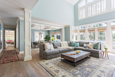 Living room - coastal living room idea in Charleston with blue walls
