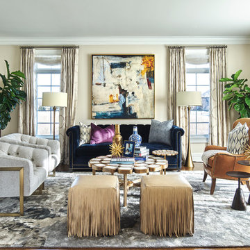 Kildeer Family Room Styled With Great Art and a Beautiful Blue Sofa