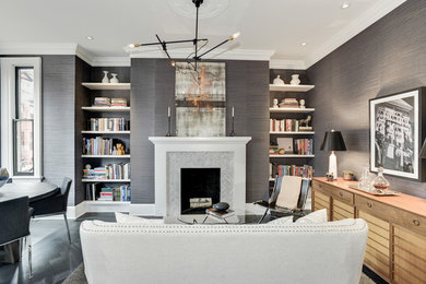 Mid-sized transitional formal and enclosed dark wood floor and black floor living room photo in DC Metro with gray walls, a standard fireplace, a stone fireplace and no tv