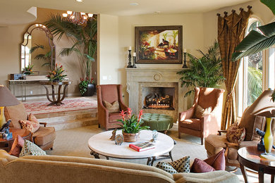 Inspiration for a mid-sized timeless formal and enclosed carpeted living room remodel in San Diego with beige walls, a standard fireplace, a tile fireplace and no tv