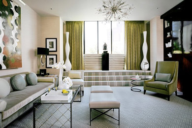 Living room - mid-sized transitional formal and enclosed carpeted living room idea in New York with beige walls