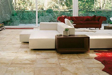 Inspiration for a large modern formal and open concept travertine floor living room remodel in Little Rock with beige walls, no fireplace and a tv stand