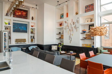 Minimalist open concept medium tone wood floor living room photo in DC Metro with white walls, a ribbon fireplace and a wall-mounted tv